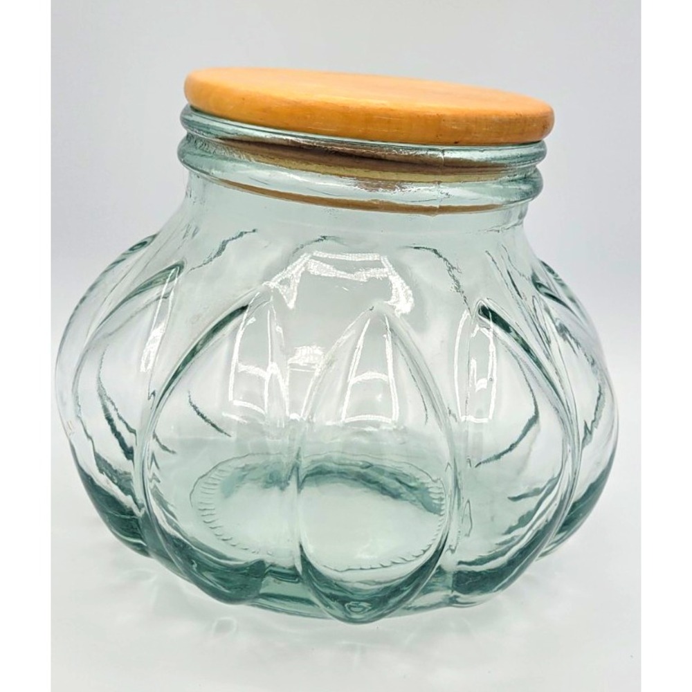 Clear Glass Jar Canister Bubble Glass w/ Wood Snap Lid, Round